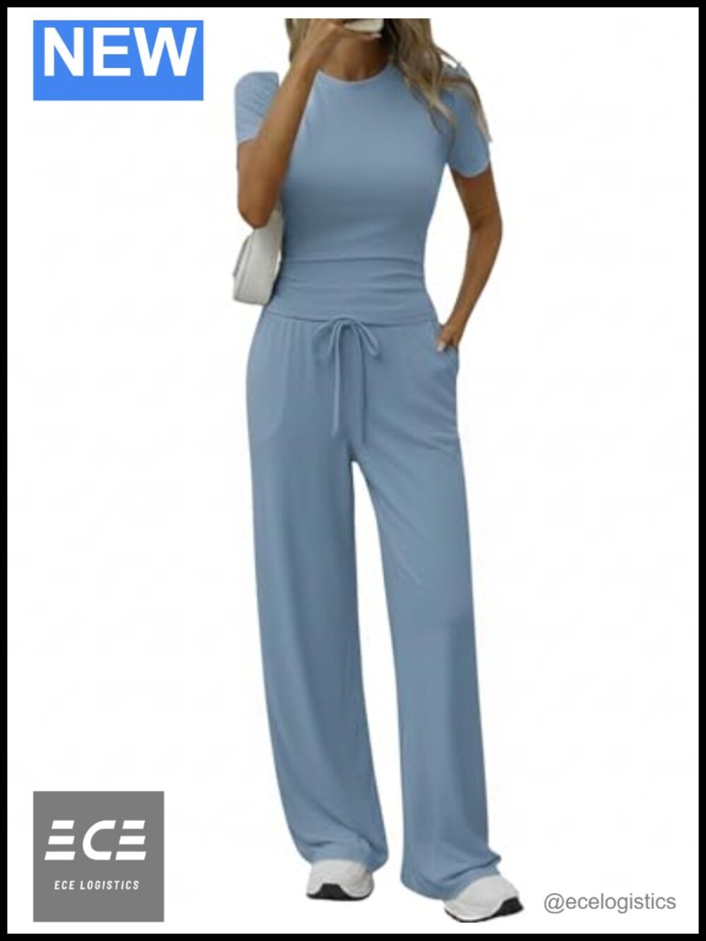 Womens 2 Piece Lounge Set Slim Crewneck Top Wide Leg Pants Pockets Spandex